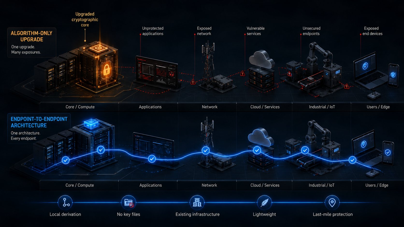 Diagram contrasting an algorithm-only PQC upgrade with endpoint-to-endpoint protection across applications, networks, cloud services, industrial systems and edge devices